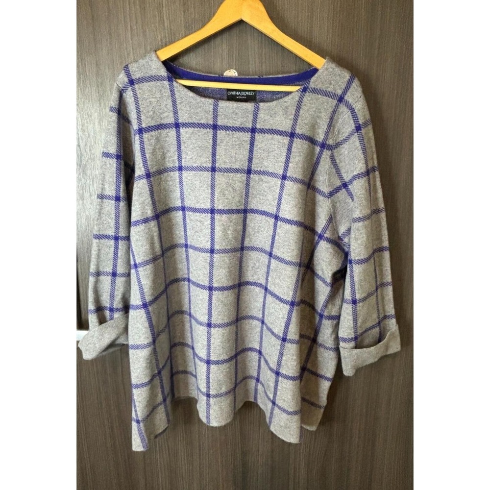Cynthia Rowley Sweater Women's 3X Gray Check‎ Round Neck Long Sleeve Pullover